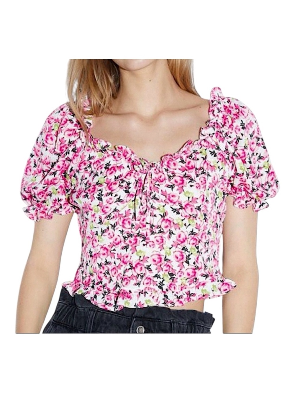 ZARA Pink Floral Smocked Puff-Sleeve Crop Top